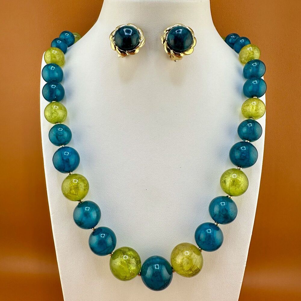 Vintage Necklace Earrings Lot Lucite Acrylic Bead Lime Green Teal Box Clasp